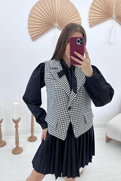 HELİS BUTİK Set vestă cu guler eșarfă - negru