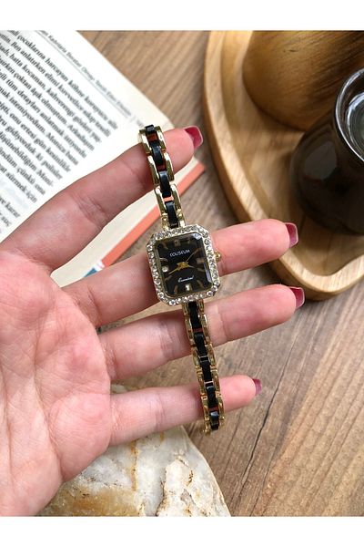 Coliseum Rectangular Square Elegant Inside Black Gold-Black Women's Wristwatch