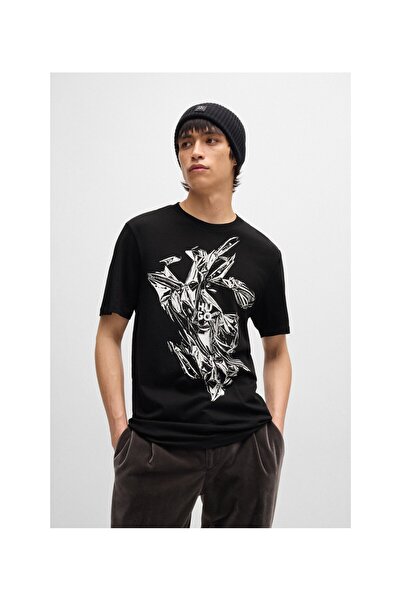 HUGO Logolu pamuklu penyeden grafik baskılı tişört