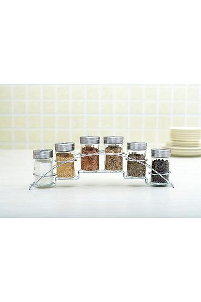 ORCHID 6PCS GLASS SPICE JAR SET WITH METAL RACK