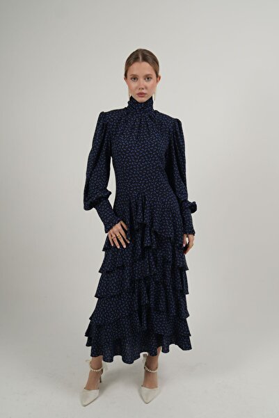 laulei Jasmine Fırfır Detaylı Mavi Midi Elbise