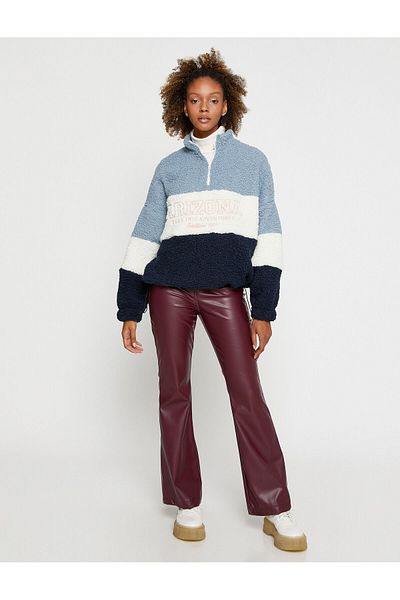 Koton Plush Oversize Sweatshirt with Zippered Collar and Slogan Embroidered
