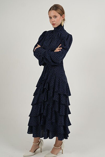 laulei Jasmine Fırfır Detaylı Mavi Midi Elbise