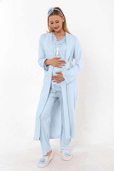 ByLohusa Set de pijamale de maternitate pentru gravide Effortt Blue Peignoir