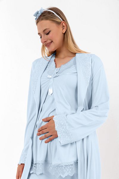 ByLohusa Set de pijamale de maternitate pentru gravide Effortt Blue Peignoir