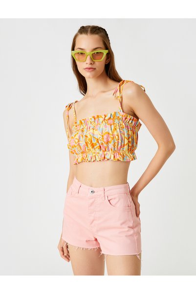 Koton Crop Gathered Bustier Thin Strap Linen Blend