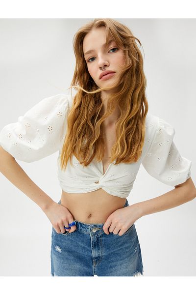 Koton Μπλούζα Crop Scallop Balloon Sleeve Gathered μπροστά