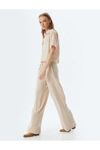 Koton New Season Wide Leg Trousers Buttoned Waist Laced Regular Waist