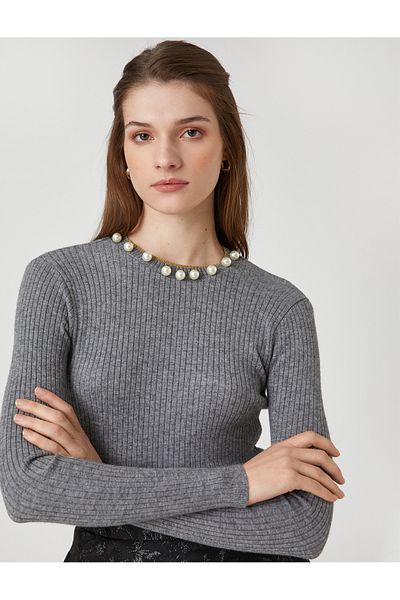 Koton Melis Ağazat X - Pearl Detailed Ribbed Knitwear Sweater