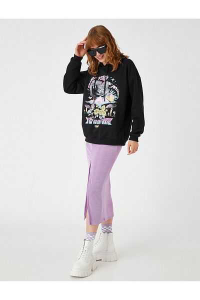 Koton Printed Sweatshirt Hooded Long Sleeve With Fleece Inside