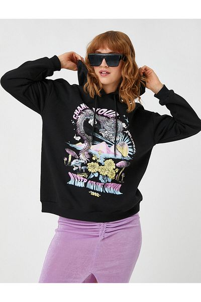 Koton Printed Sweatshirt Hooded Long Sleeve With Fleece Inside