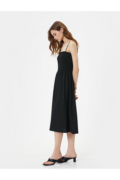 Koton Strappy Midi Dress Guiped Square Collar