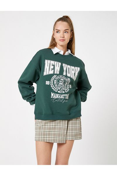 Koton Crew Neck and Ribbed Raised College Sweatshirt - Printed