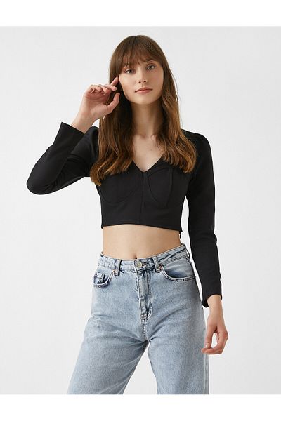 Koton Crop Abendkleid Bluse Langarm V-Ausschnitt