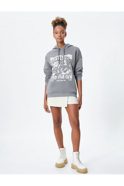 Koton Hooded Sweatshirt Slogan Printed Comfortable Fit Long Sleeve