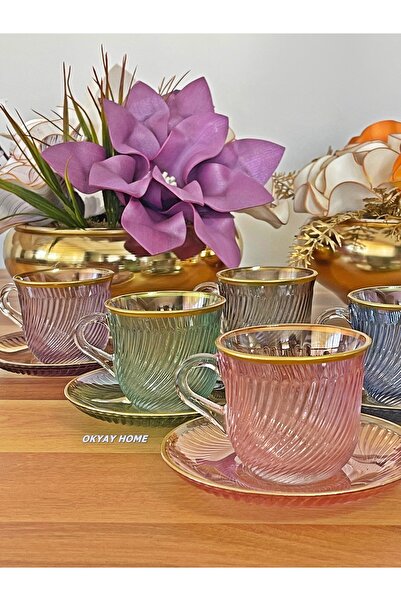OKYAY HOME Marmara Cup Set - 12 Pieces, 6 People, 6 Colors Gilded Gift Tea Set