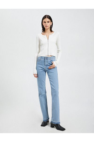 Koton Zippered Cardigan Ribbed Round Collar