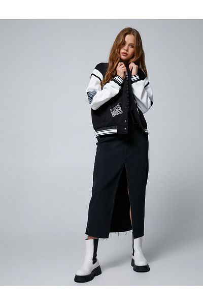 Koton Oversize College Jacket - Printed, Embroidered and Ribbed Pocket Detail