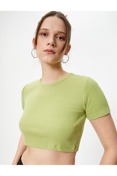 Koton Basic Crop T-Shirt Ribbed Short Sleeve Crew Neck Slim Fit