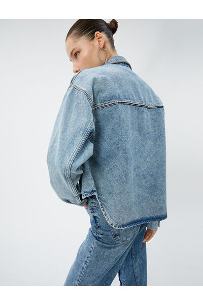 Koton Jachetă din denim cu buzunare brodate cu piatră, guler cămașă