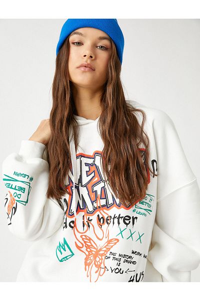 Koton Hooded Sweatshirt Graffiti Printed Long Sleeve With Fleece Inside