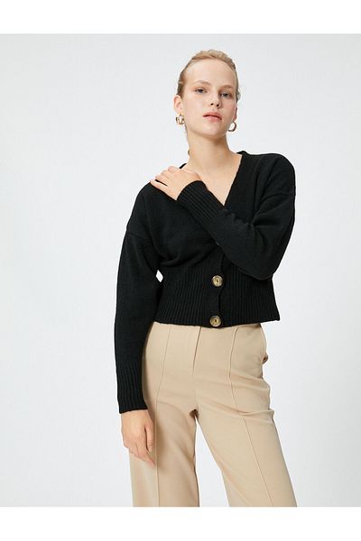 Koton Crop Cardigan Buttoned V-Neck