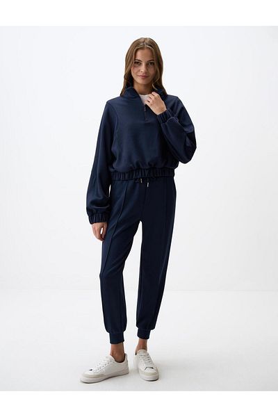 Jimmy Key Navy Blue Turtleneck Long Sleeve Short Knitted Sweatshirt