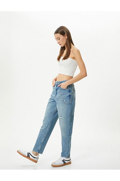 Koton Mom Jeans Standard Talie Lanț Buzunar Detaliat Bumbac - Mom Jean