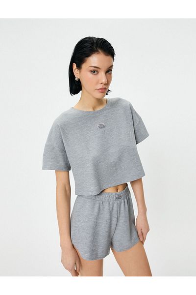 Koton Crop Pijama Top mânecă scurtă Decolteu Crew Eticheta detaliată Texturata