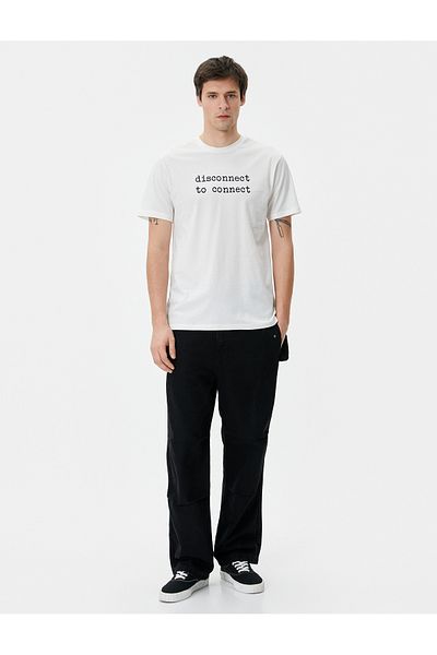 Koton Σλόγκαν εμπριμέ T-Shirt Slim Fit Crew Neck κοντό μανίκι