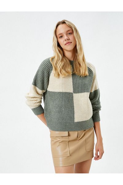 Koton Knitwear Sweater Color Blocked Round Neck Long Sleeve