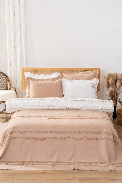 Rivaİstanbul Brianna Beige Double Duvet Cover Bedspread 100% Cotton - 7 Piece Dowry Set