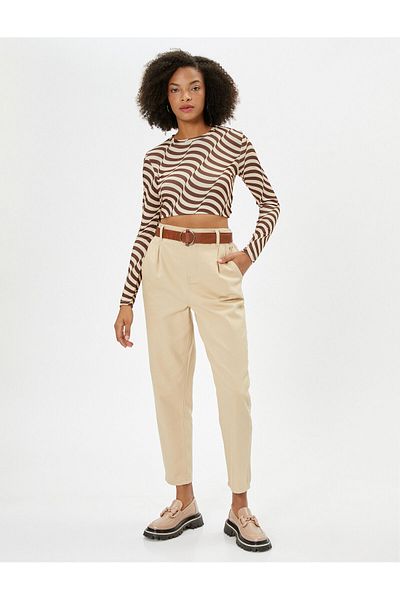 Koton Karottenhose mit Gürtel, kurze Beintasche, Baumwolle, bequeme Passform