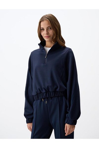 Jimmy Key Navy Blue Turtleneck Long Sleeve Short Knitted Sweatshirt
