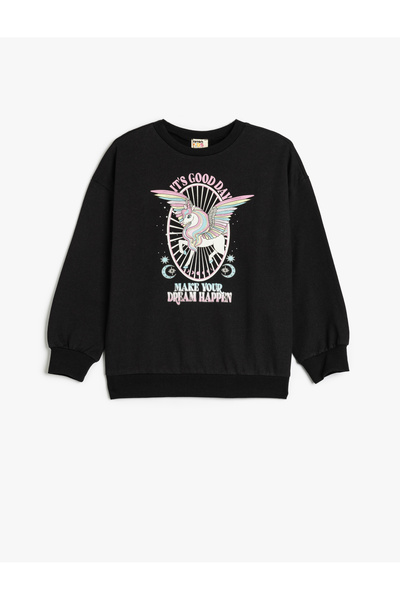 Koton Sweatshirt Unicorn Baskılı Uzun Kollu Bisiklet Yaka Şardonlu