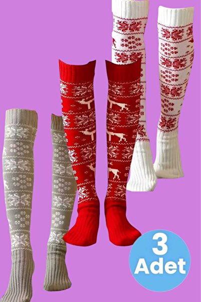 Trenderrs Дамски трицветни коледни чорапи до коляното с мотив на снежинки