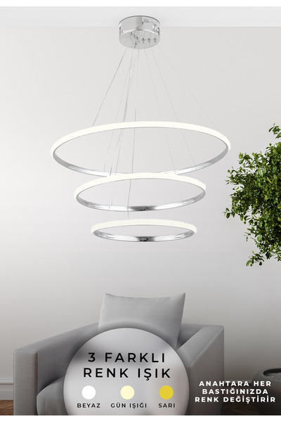 Kitchen Life 3 Renk Özellikli  Modern Gümüş Kaplamalı Mutfak Salon Avize - Led Avize