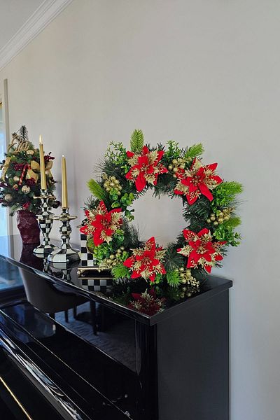 Ella's Design Studio New Year's Gift - Red Ponsetia Pique Floral Door Wreath, Gold Glitter Door Ornament