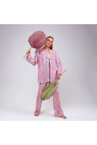 OUZ Fashion Kadın Torba Cepli Vatkalı Şal Yaka Çizgili Dijital Baskılı Ceket