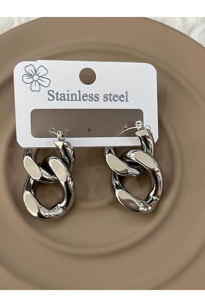 YASİN TOPÇU Steel Silver Silver Color Chain Design Earrings