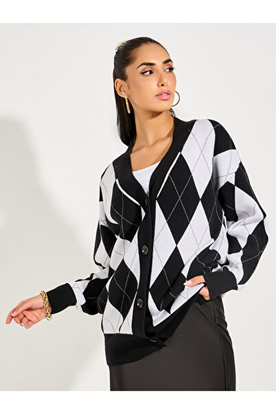 Styli Oversized Longline Button Down Argyle Cardigan