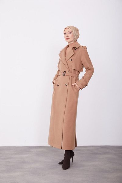 Armine Camel Colored Double Breasted Coat with Mobile Epaulettes - 23K8613
