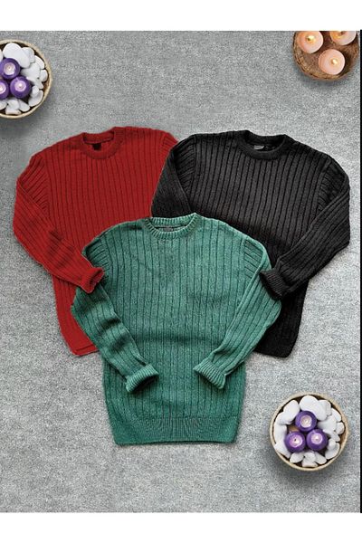 Gameyal Set de 3 pulovere din tricotaje cu gât roșu (cărămidă-negru-verde smarald)