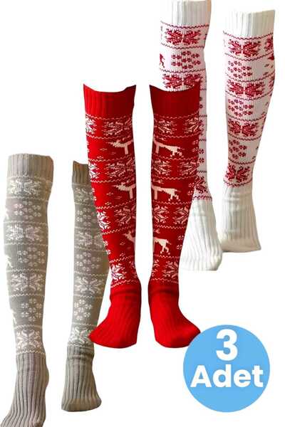Uniquetrenders Дамски трицветни коледни чорапи до коляното с мотив на снежинки