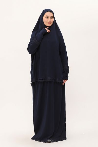 HÜRREM BONE Φόρεμα προσευχής δύο τεμαχίων Navy Blue Δαντέλα από βαμβακερό ύφασμα 2205_02