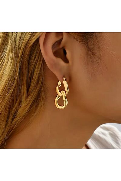 YASİN TOPÇU Steel Gold Gold Color Chain Detailed Earrings