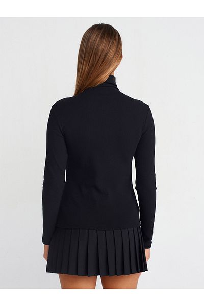Dilvin 31440 Button Detailed Stand Collar Top-Black