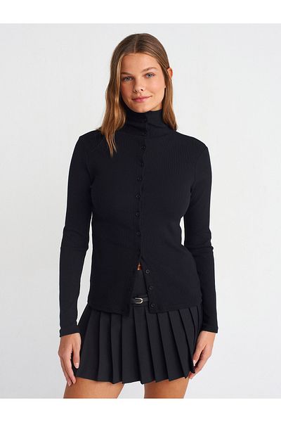 Dilvin 31440 Button Detailed Stand Collar Top-Black