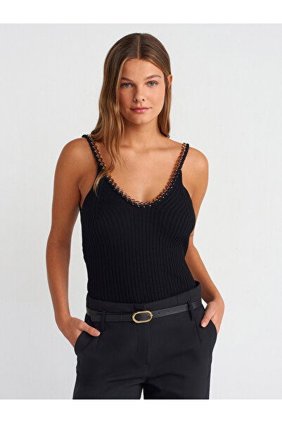 Dilvin 10607 Μπλούζα με ριμπ πλεκτό λουράκι-Μαύρη