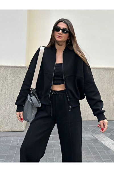 My Blog Női fekete elülső cipzáras prémium tréningruha szett - 8606